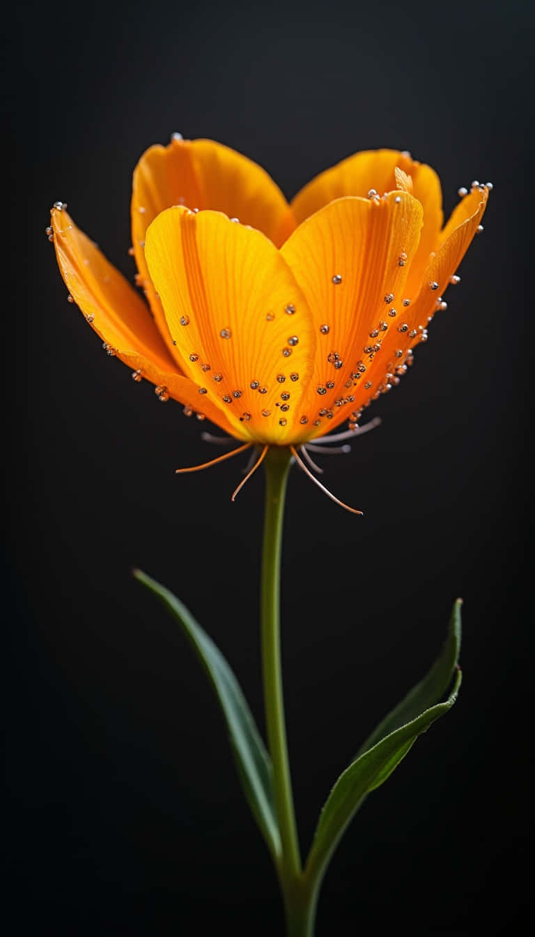 Flower 壁紙 — 一朵充滿活力的橙色花朵，帶有露珠，在純黑背景下閃閃發光。
