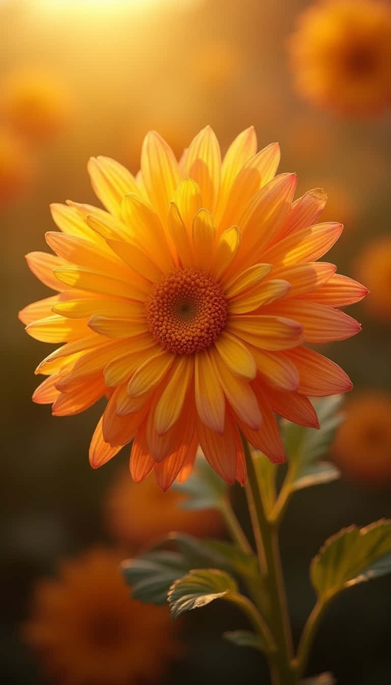 Flower 壁紙 — 一朵充滿活力的橙色雛菊在溫暖的金色陽光下盛開，背景花朵柔和模糊。