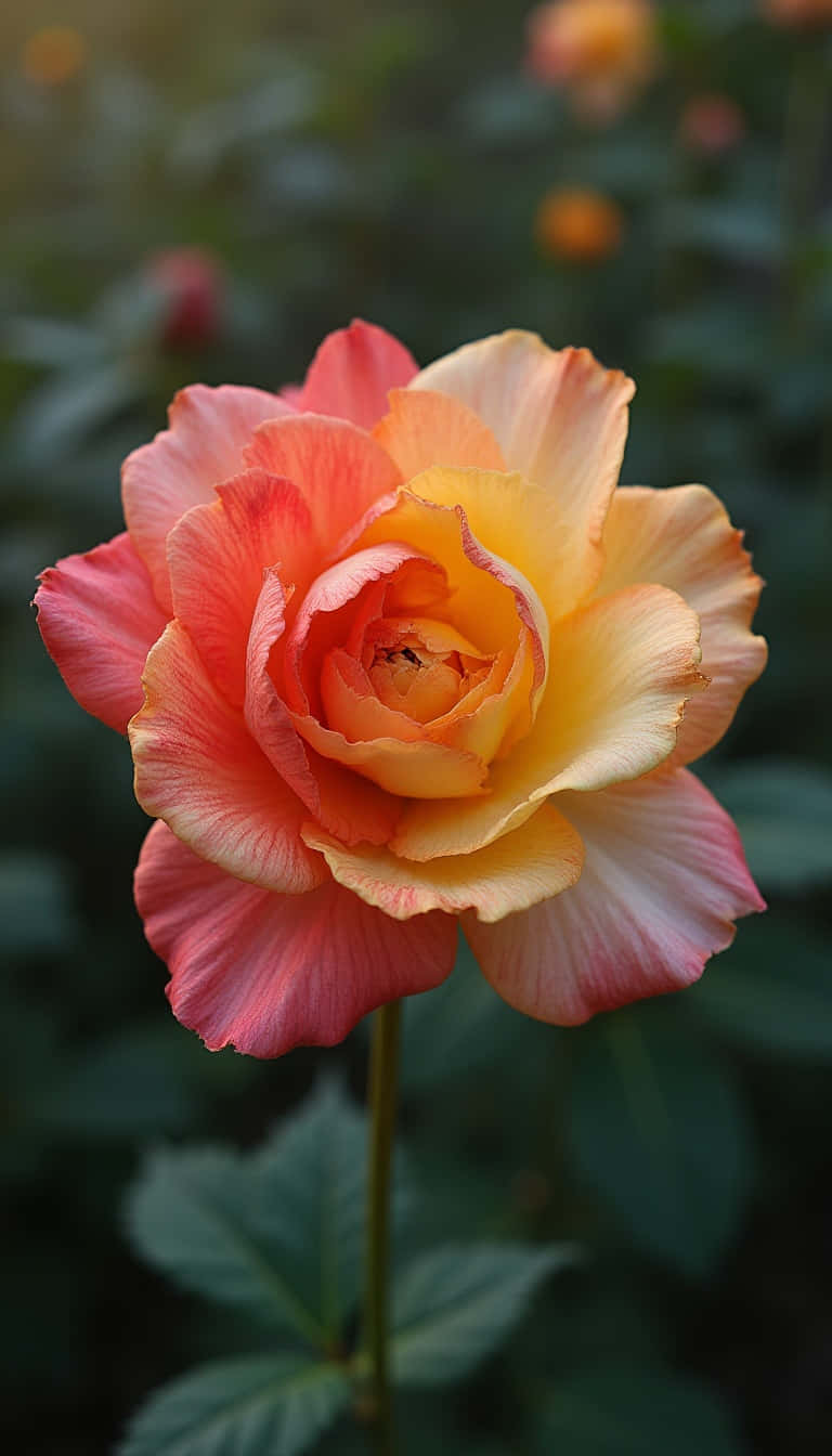 Flower 壁紙 — 一朵充滿活力的漸層玫瑰，珊瑚粉色的外層花瓣逐漸褪變成金黃色的花心，在柔和模糊的綠葉襯托下盛開。