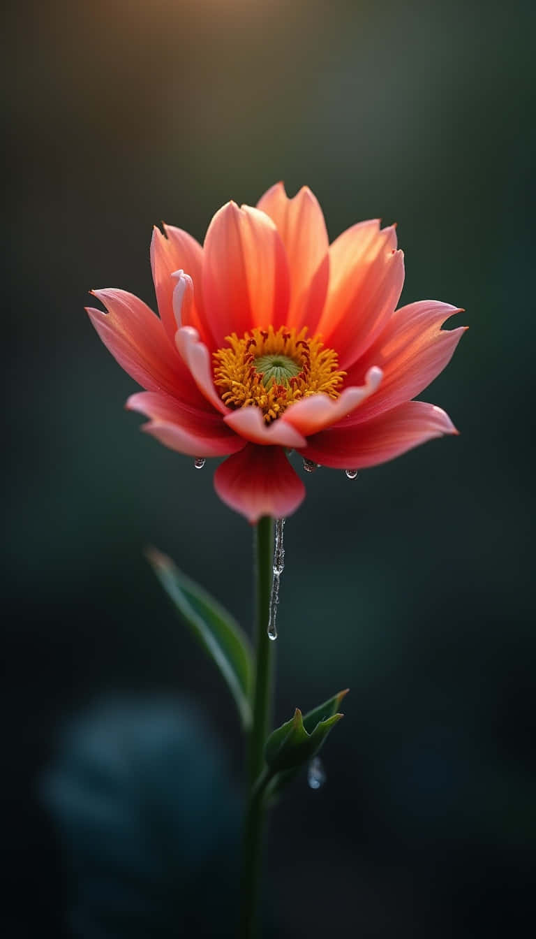 Flower 壁紙 — 一朵充滿活力的珊瑚色大麗花，帶有露珠，在黑暗模糊的背景上閃閃發光。