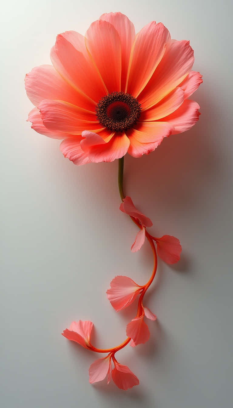 Flower 壁紙 — 一朵充滿活力的珊瑚色花朵，花瓣層層疊疊，中心深色，盛開在纖細的莖頂，莖上綴有垂下的粉紅色葉子，背景為純白色。