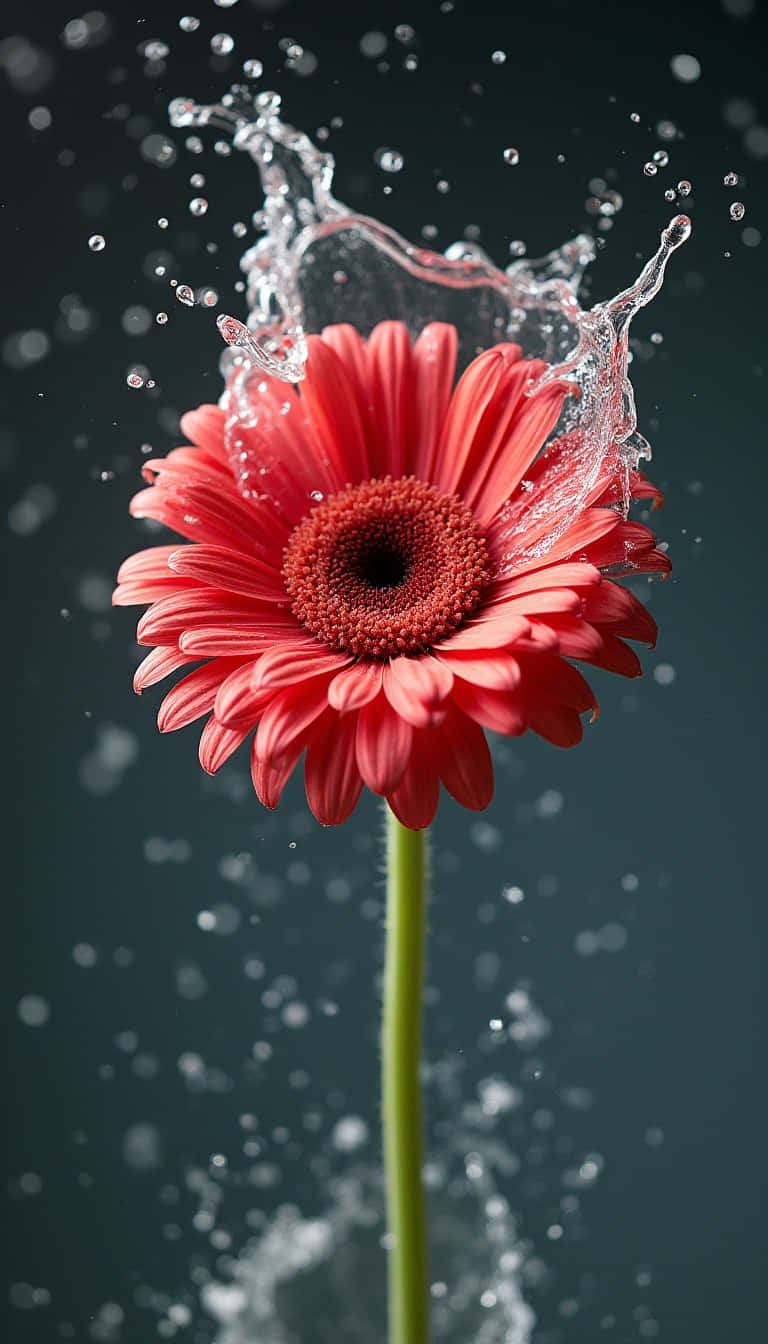 Flower 壁紙 — 一朵充滿活力的珊瑚色非洲菊雛菊在深色背景下，水晶般的水滴戲劇性地飛濺在其花瓣周圍，充滿生機。