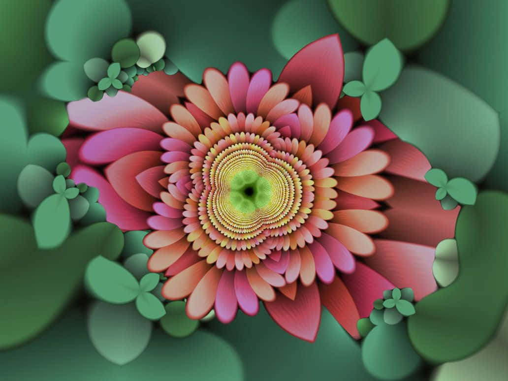 碎形 桌布 壁紙 — 一朵充滿活力的碎形花，帶有分層的粉橙色花瓣和發光的綠色中心，周圍環繞著柔軟的綠葉。