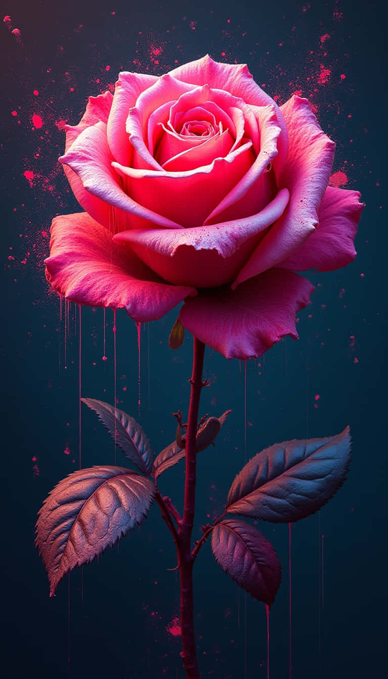 Flower 壁紙 — 一朵充滿活力的粉紅玫瑰，帶有發光的花瓣和滴落的色彩，背景是深藍色，帶有漂浮的斑點。