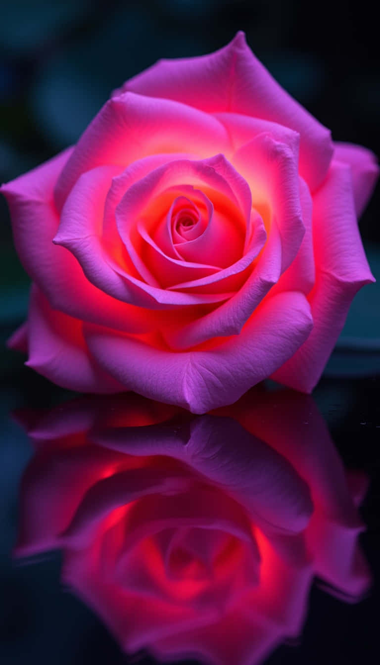 Flower 壁紙 — 一朵充滿活力的粉紅玫瑰散發著溫暖的內在光芒，並在深色光澤表面上投射出鮮明的倒影。