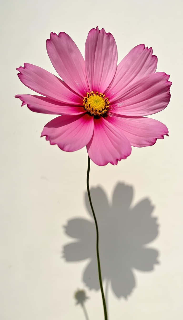 Flower 壁紙 — 一朵充滿活力的粉紅色大波斯菊，帶有黃色花心，在純米白色背景上投下柔和陰影。