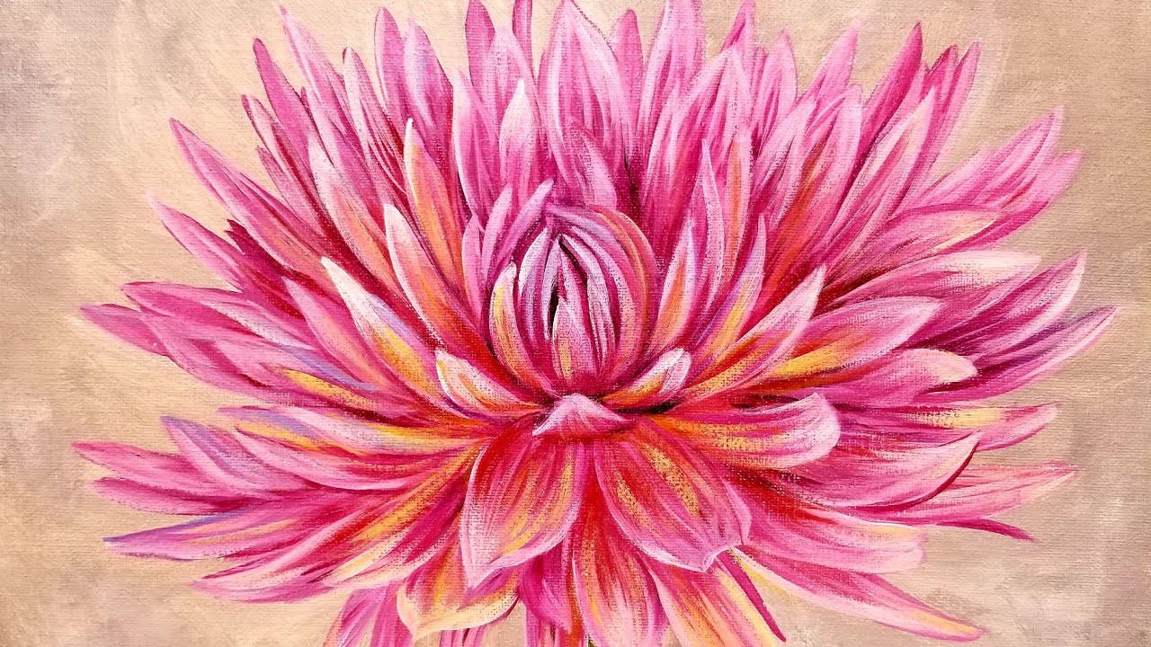 Dahlia 桌布 壁紙 — 一朵充滿活力的粉紅色大麗花，帶有橙黃色點綴，在帶有紋理的米色畫布上以繪畫風格綻放。