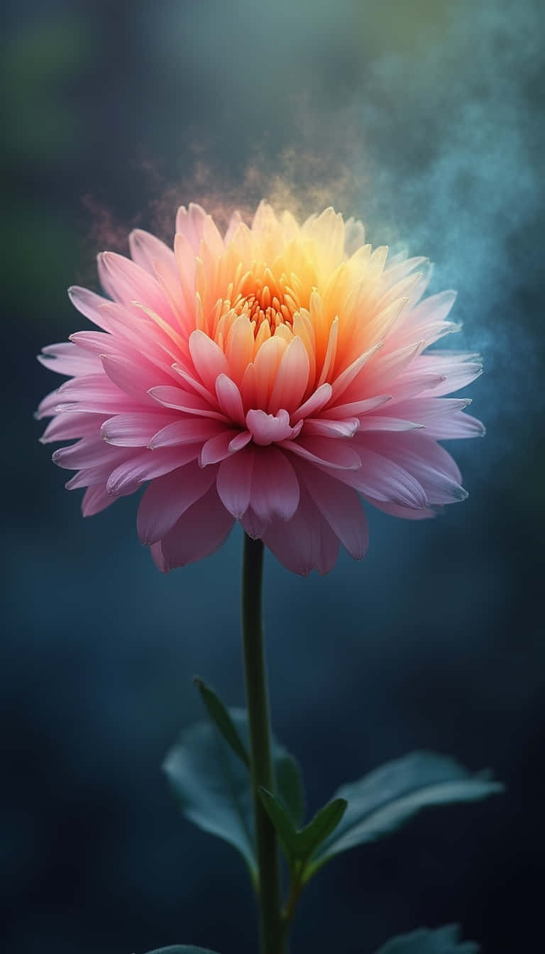 Flower 壁紙 — 一朵充滿活力的粉紅色大麗花，帶有發光的黃色中心，在霧氣瀰漫的藍綠色背景上綻放。