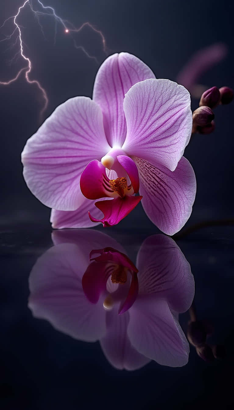 Flower 壁紙 — 一朵充滿活力的粉紅色蘭花在閃電的黑暗天空中綻放，其倒影在光滑的表面上閃爍。