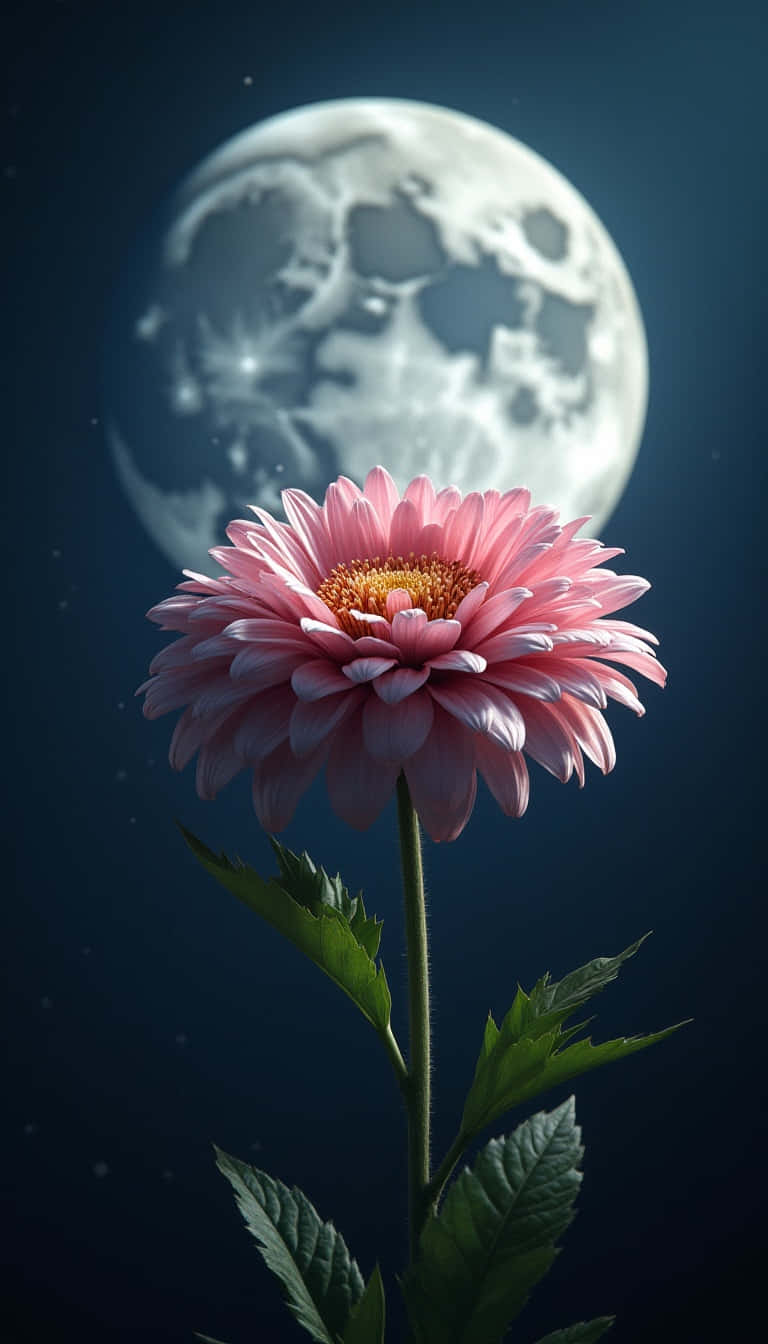 Flower 壁紙 — 一朵充滿活力的粉紅色雛菊，帶有黃色中心，在深藍色夜空下盛開，背景是細節豐富的滿月。