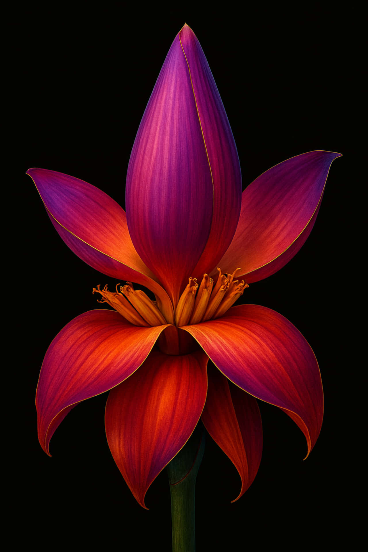 Banana flower black background 壁紙 — 一朵充滿活力的紫色和橙色條紋花瓣的花朵在黑色背景上綻放。