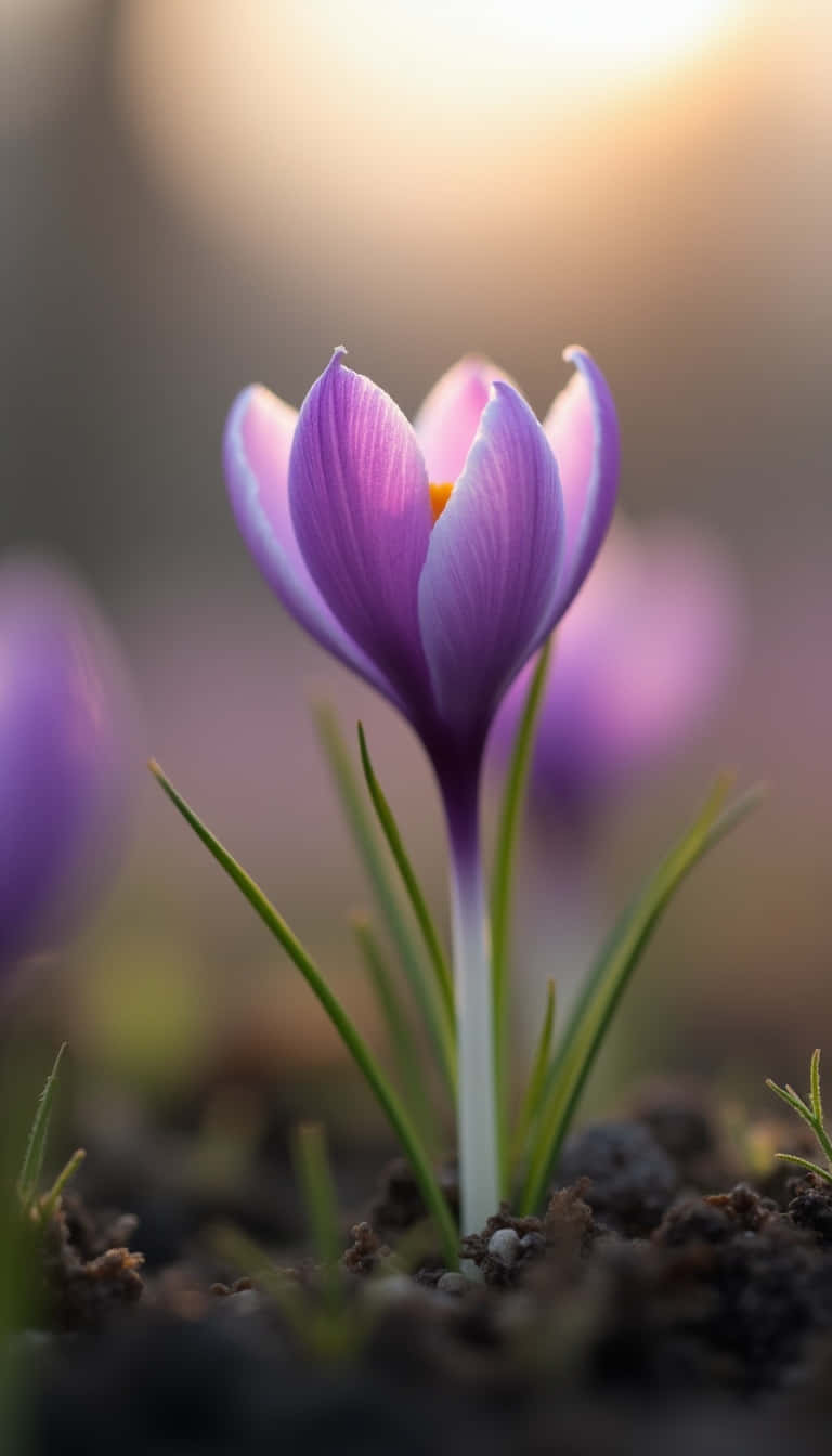 Flower 壁紙 — 一朵充滿活力的紫色番紅花在柔和晨光中綻放，背景是模糊的泥土色。