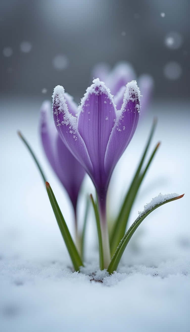 Flower 壁紙 — 一朵充滿活力的紫色番紅花穿過新雪盛開，花瓣和葉子上掛著細緻的霜。