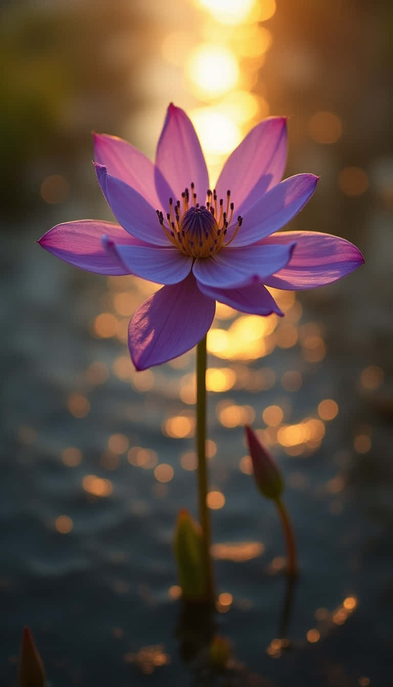 Flower 壁紙 — 一朵充滿活力的紫色蓮花在平靜的水面上優雅綻放，金色陽光在它身後閃爍，營造出寧靜而燦爛的景象。