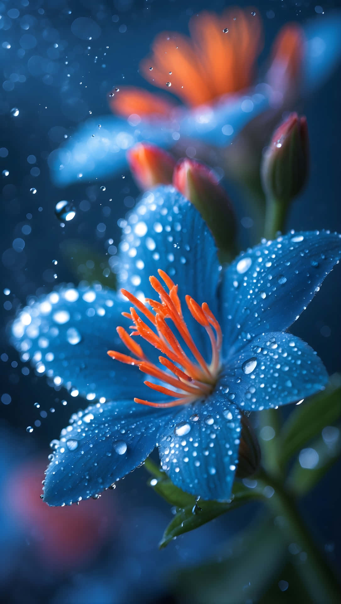 Blue Bloom with Orange Center 壁紙 — 一朵充滿活力的藍色花朵，帶有橙色雄蕊，在深藍色模糊背景上閃爍著水滴。