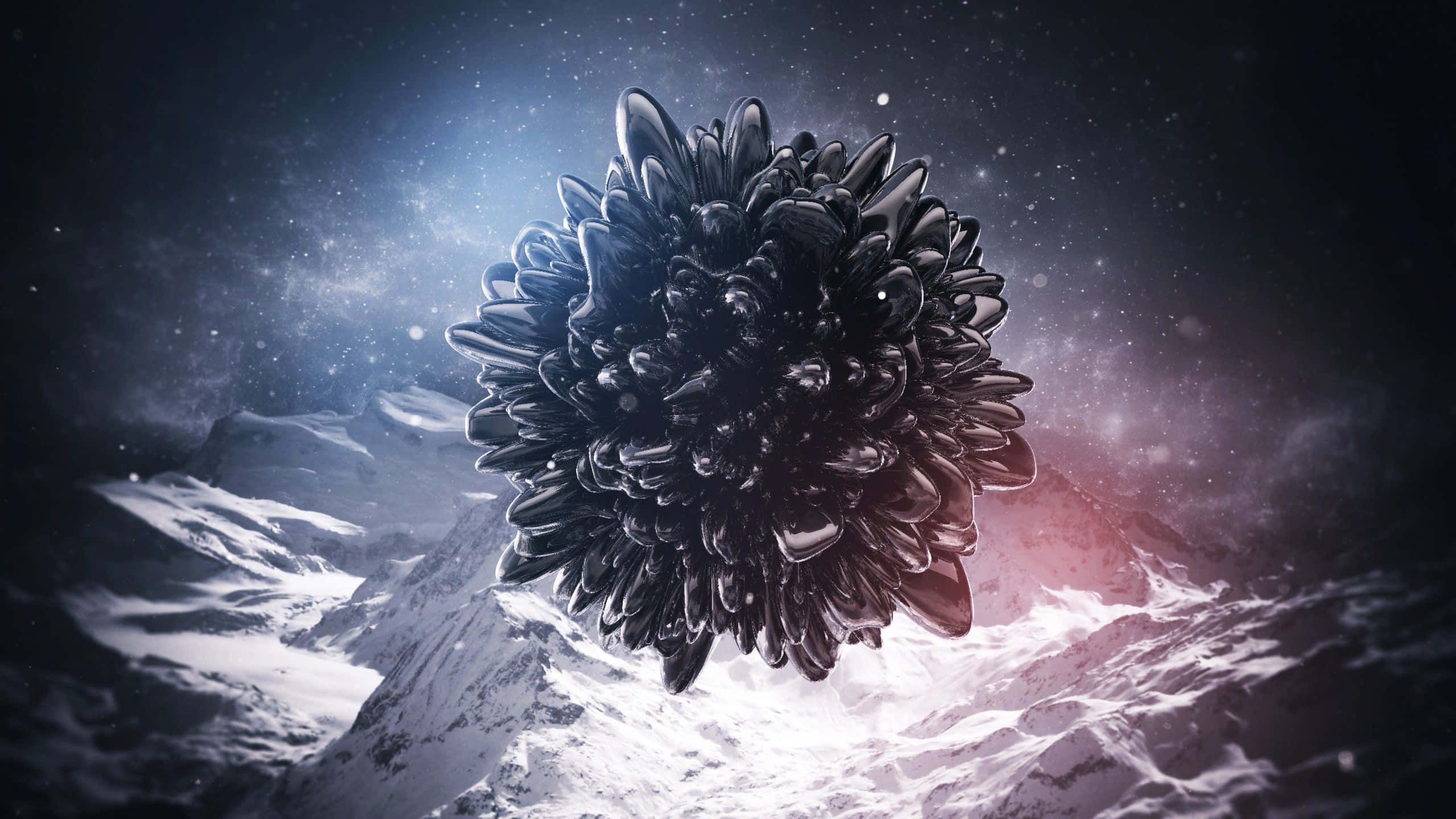 Dark Digital Art 桌布 壁紙 — 一朵光澤的黑色菊花漂浮在雪山之上，背景是佈滿粉紅色和藍色星雲的星空宇宙天空。