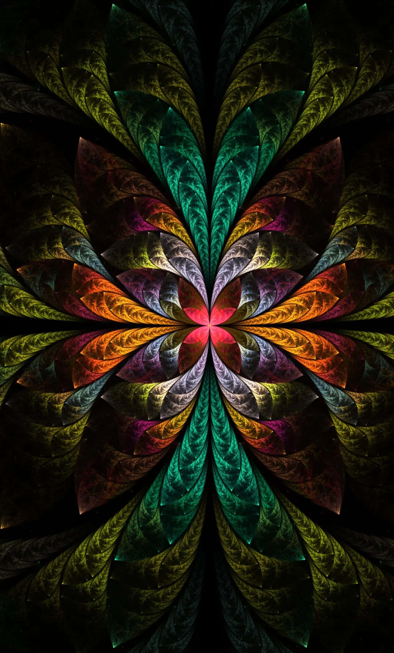 Psychedelic Fractals 桌布 壁紙 — 一朵光芒四射的分形花朵，在黑色虛空中綻放，擁有對稱的花瓣，呈現鮮豔的綠色、紅色和金色。