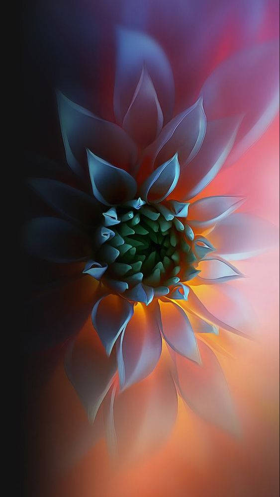 Zoom Flower 桌布 壁紙 — 一朵光芒四射的抽象花朵，帶有層層疊疊的花瓣，在深藍色到火橙色的漸變背景下閃耀。
