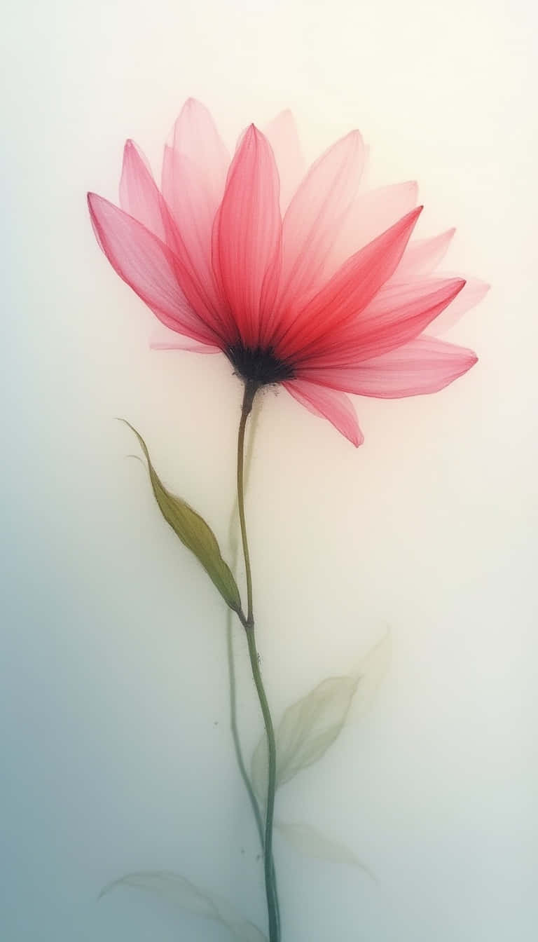 Flower 壁紙 — 一朵半透明粉紅色花朵，花瓣層層疊疊，在纖細的莖上綻放，背景是柔和的漸層色。