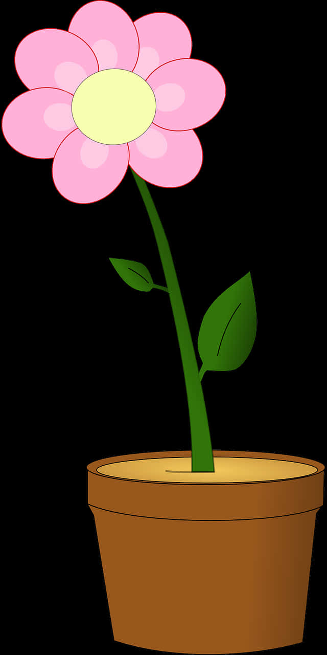 Potted Plant 桌布 壁紙 — 一朵卡通粉紅色花朵，帶有黃色花心，在黑色背景前的棕色花盆中盛開。