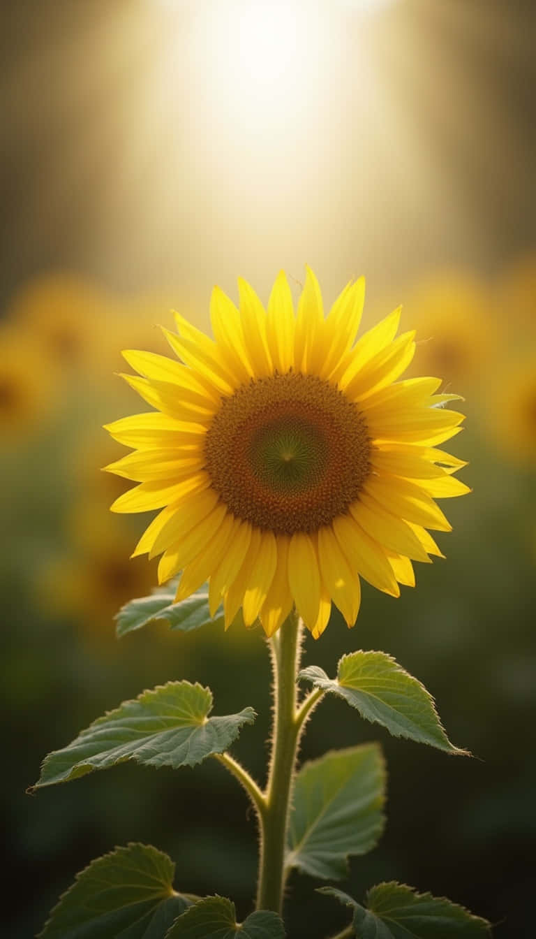 Flower 壁紙 — 一朵向日葵在閃耀的陽光背景下高高聳立，背景中還有其他向日葵的柔和散景。