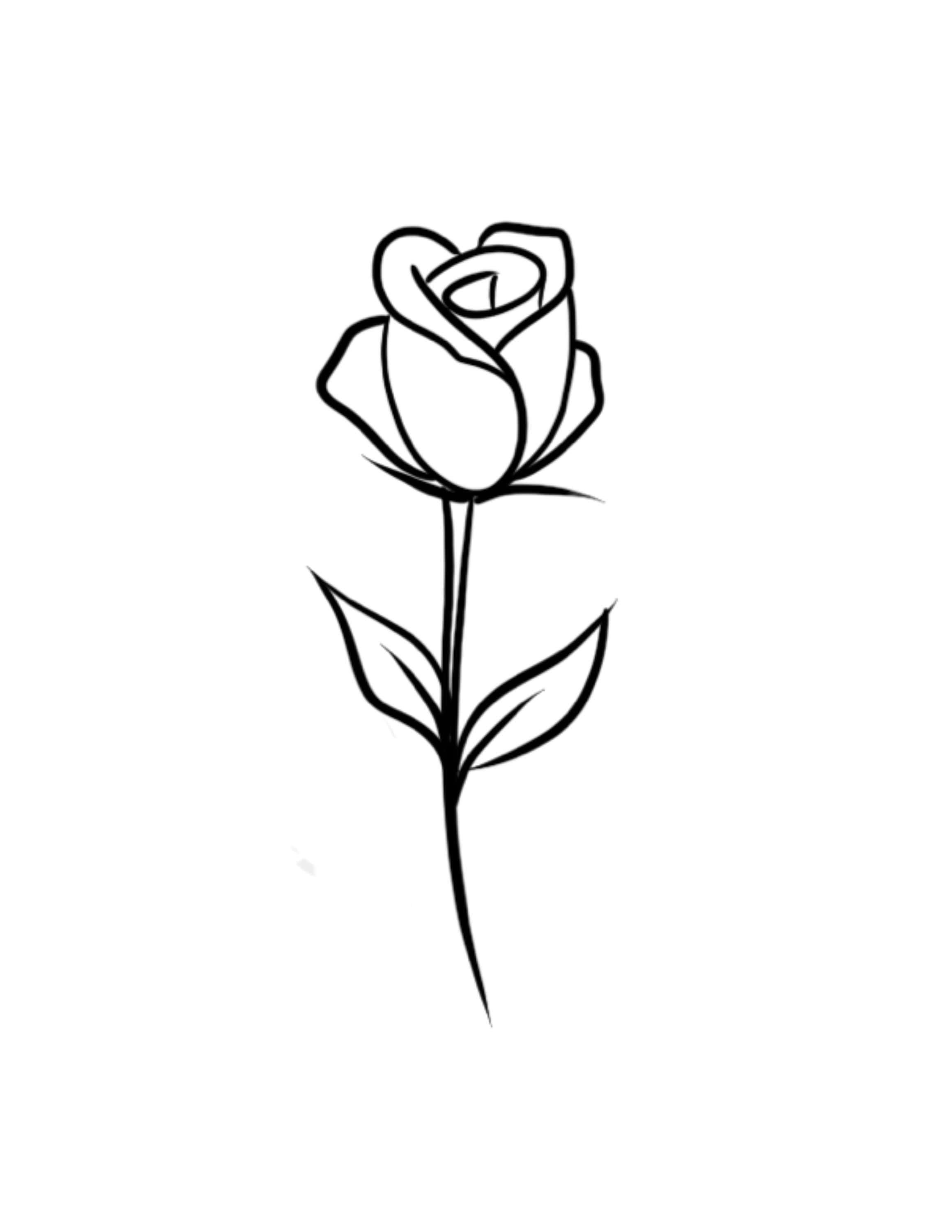 Rose Symbol 桌布 壁紙 — 一朵單枝玫瑰的極簡黑色線條畫，帶有兩片葉子，細長莖幹，純白背景。