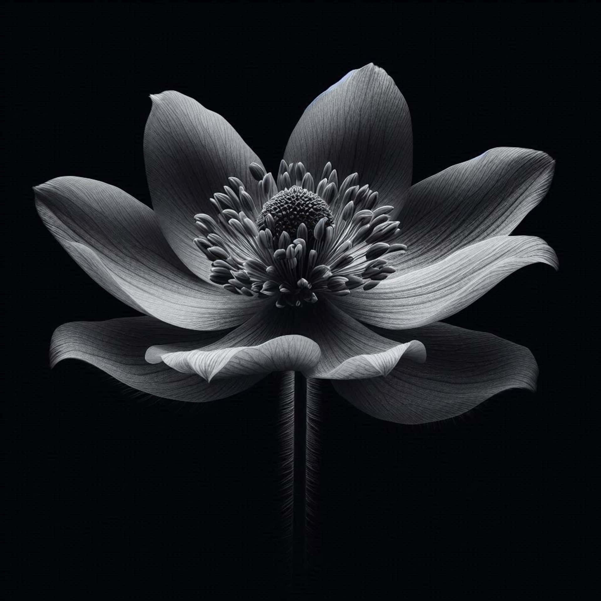 Lonely flower black background 壁紙 — 一朵單色銀蓮花，花瓣精緻，花心帶有紋理，襯托在純黑背景上。