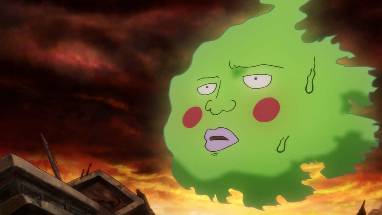 Mob Psycho 100 Ekubo 桌布 壁紙 — 一朵大型綠色動畫雲朵，帶著憂慮的表情和紅暈，漂浮在火紅夕陽下被摧毀的城市景觀之上。