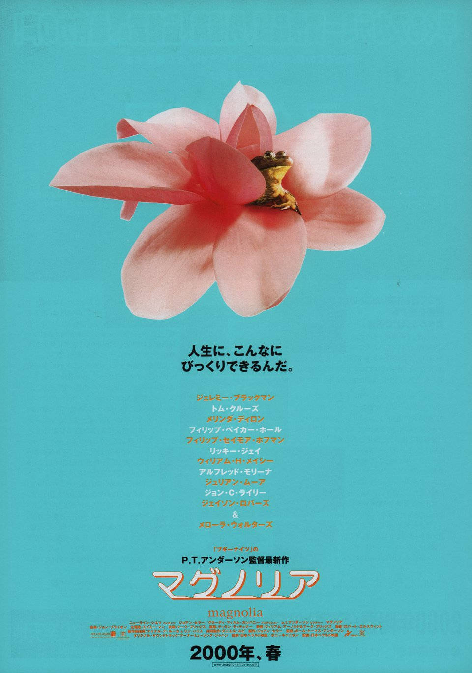 poster 桌布 壁紙 — 一朵大粉紅色木蘭花漂浮在純綠松石背景上，下方有日文文字和致謝。