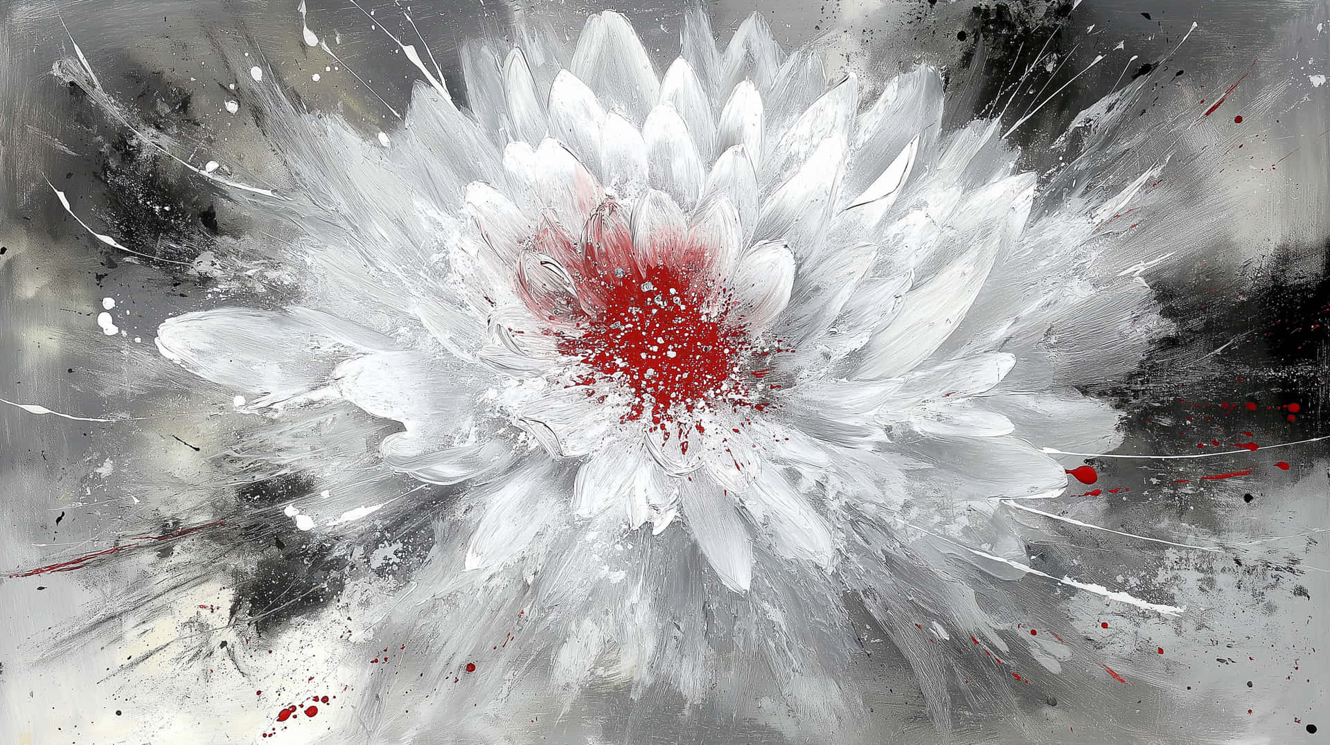 Dynamic Abstract White Flower Explosion with Energetic Splatter 壁紙 — 一朵大膽的抽象花朵，白色花瓣和鮮紅色中心，在粗糙的灰色和黑色飛濺背景上綻放。