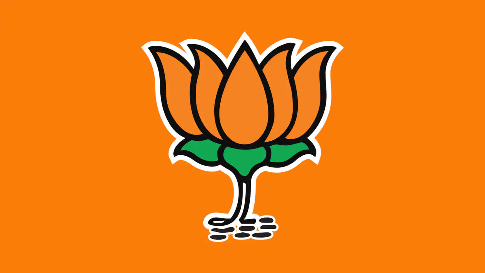 Bjp 桌布 壁紙 — 一朵大膽的橙色蓮花，帶有綠色葉子和黑色輪廓，居中在純橙色背景上。
