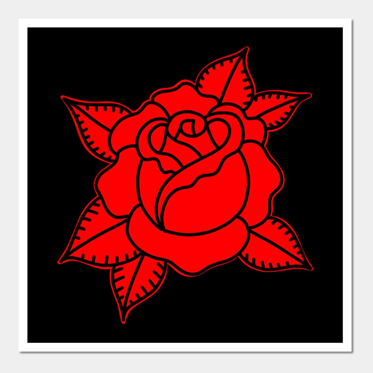 Rose Symbol 桌布 壁紙 — 一朵大膽的紅玫瑰，帶有黑色輪廓和鋸齒狀葉子，在純黑色背景上脫穎而出。