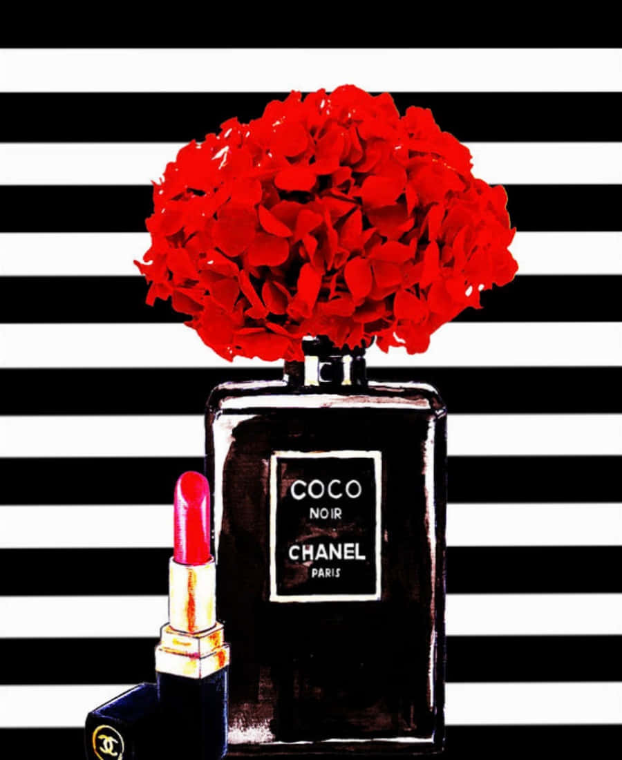 Chanel 桌布 壁紙 — 一朵大膽的紅色繡球花在黑色 Chanel Coco Noir 香水瓶上盛開，旁邊放著一支紅色唇膏，背景是鮮明的黑白條紋。