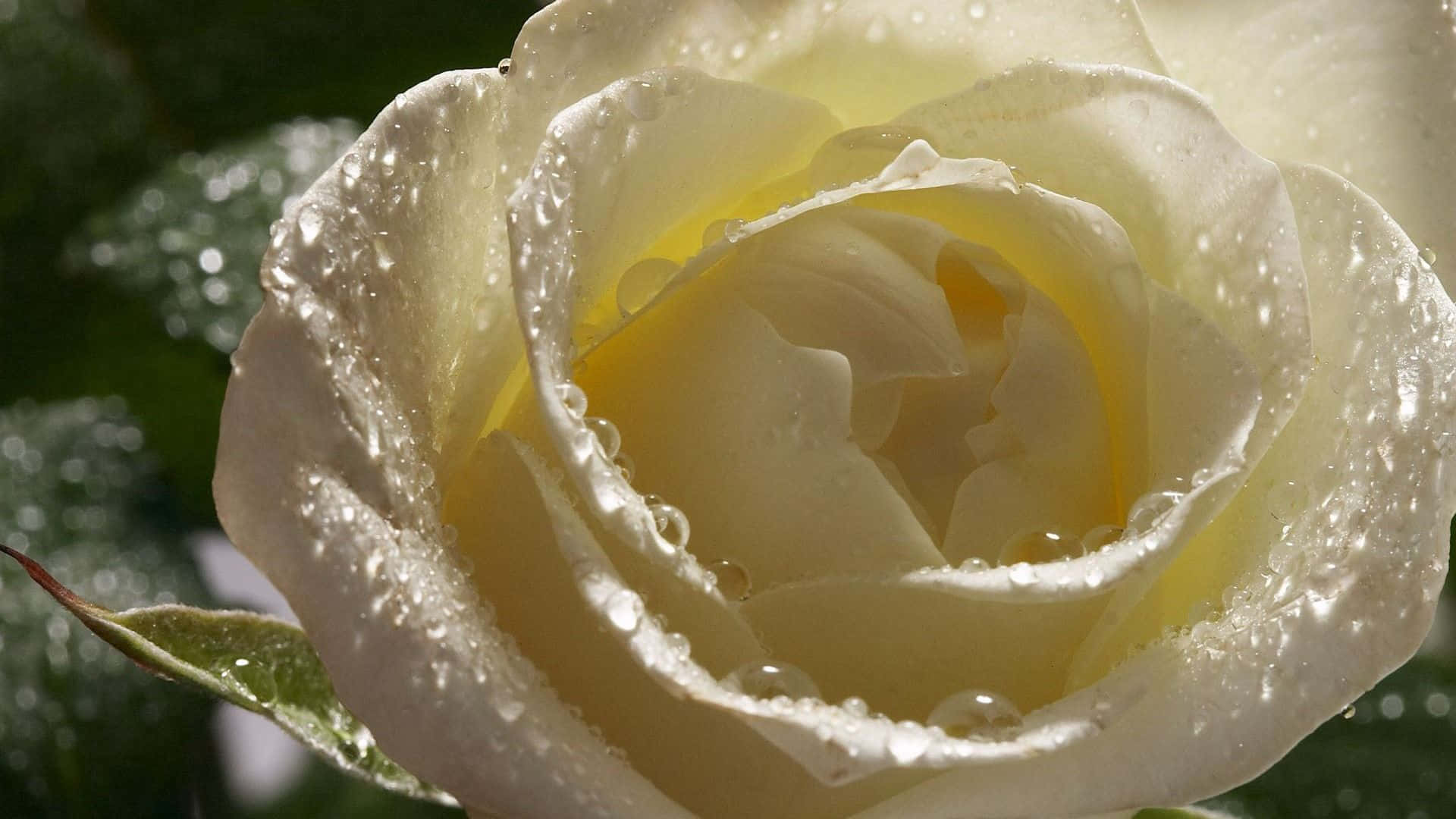 White Rose 桌布 壁紙 — 一朵奶油白色玫瑰的特寫，花瓣上閃爍著露珠，背景是模糊的綠色。