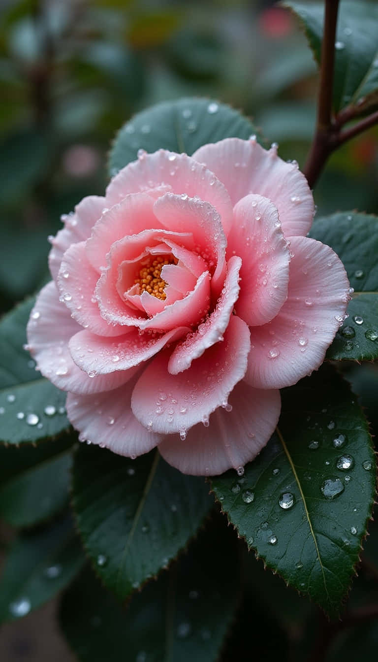 Flower 壁紙 — 一朵嬌嫩的粉紅山茶花在柔和自然光下，在深綠色葉片上閃爍著露珠。