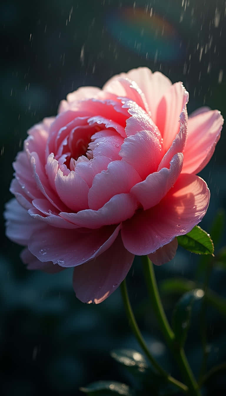Flower 壁紙 — 一朵嬌嫩的粉紅牡丹在細雨中綻放，層層花瓣上閃爍著晶瑩的水珠，映襯著模糊的深色花園背景。