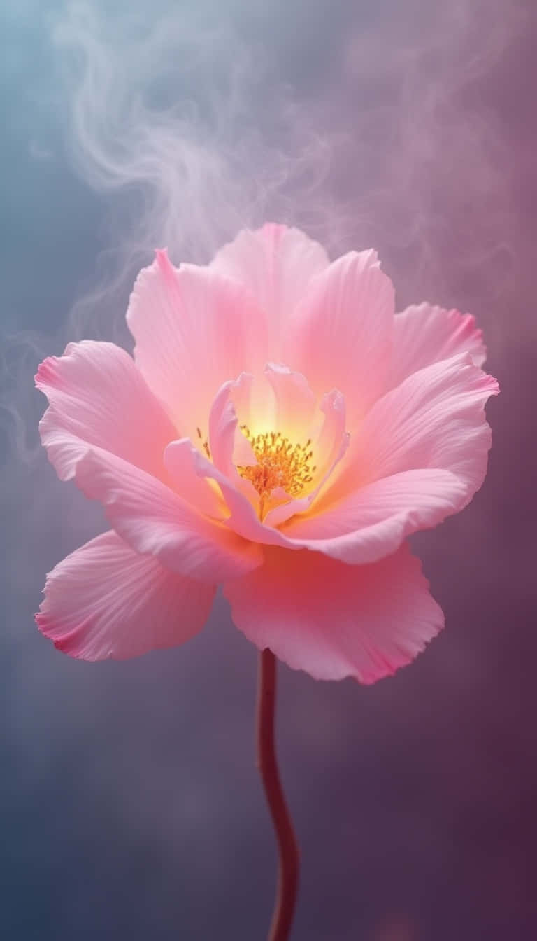 Flower 壁紙 — 一朵嬌嫩的粉紅玫瑰在朦朧的漸變天空下柔和綻放，煙霧縈繞在花瓣周圍。