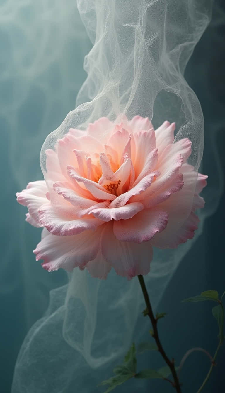 Flower 壁紙 — 一朵嬌嫩的粉紅玫瑰輕輕綻放，縷縷輕煙纏繞其花瓣，背景是柔和的青綠色。