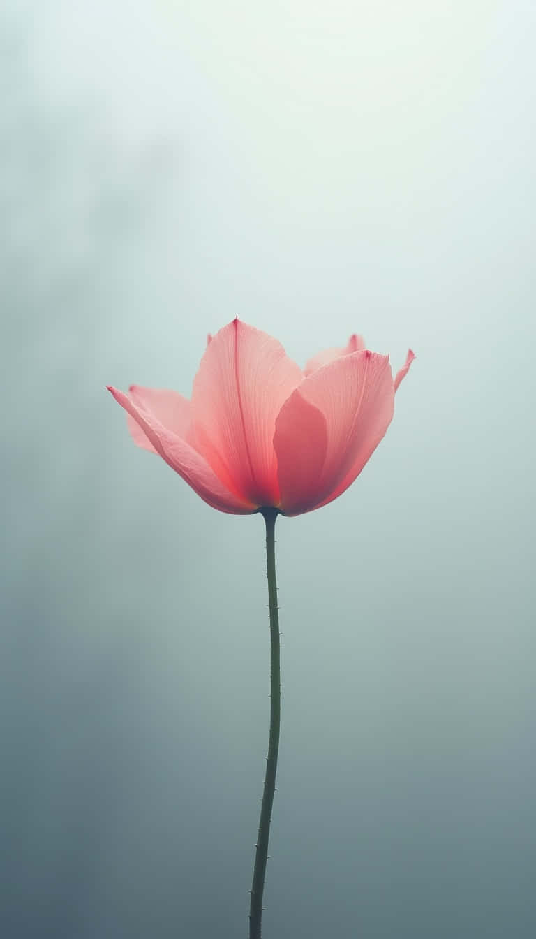 Flower 壁紙 — 一朵嬌嫩的粉紅色罌粟花在柔和霧濛濛的灰色背景上優雅地綻放。