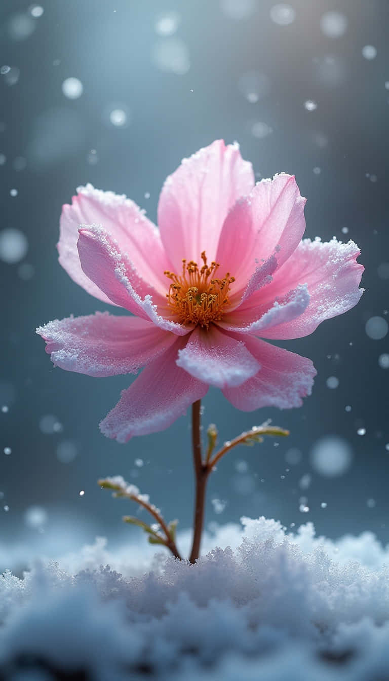 Flower 壁紙 — 一朵嬌嫩的粉紅色花朵，花瓣上結著霜，在柔和的陽光下，頑強地穿過雪景綻放。