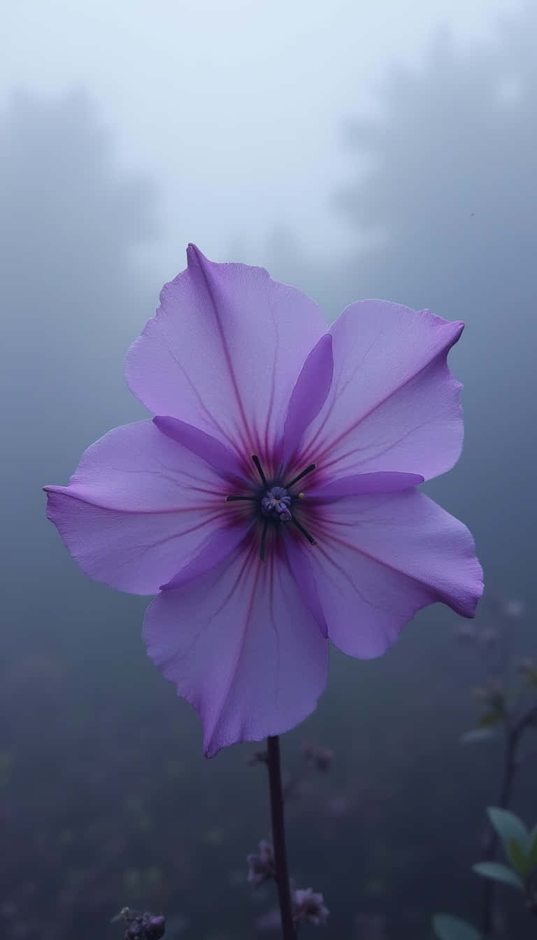 Flower 壁紙 — 一朵嬌嫩的紫色花朵在柔和的晨霧中綻放，背景是模糊的樹葉。