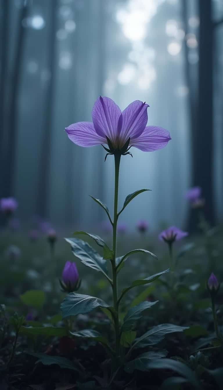Flower 壁紙 — 一朵嬌嫩的紫色花朵在霧氣瀰漫的森林中綻放，柔和光線穿過高聳的樹木。