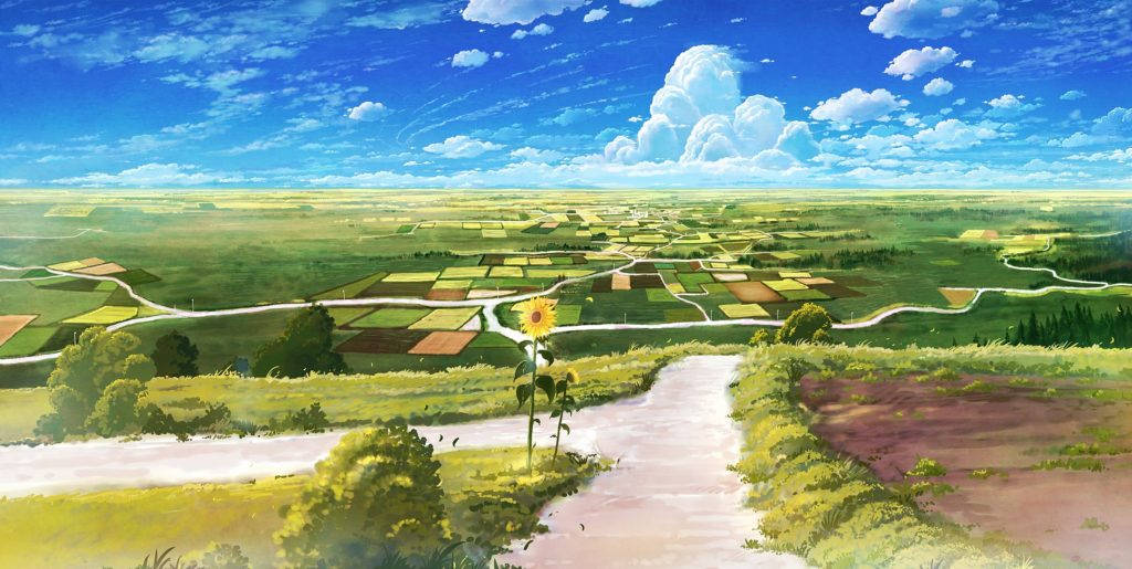 自然風景動圖 桌布 壁紙 — 一朵孤獨的向日葵站在蜿蜒小徑旁，穿過充滿活力的綠色拼布田野，在藍天白雲下。