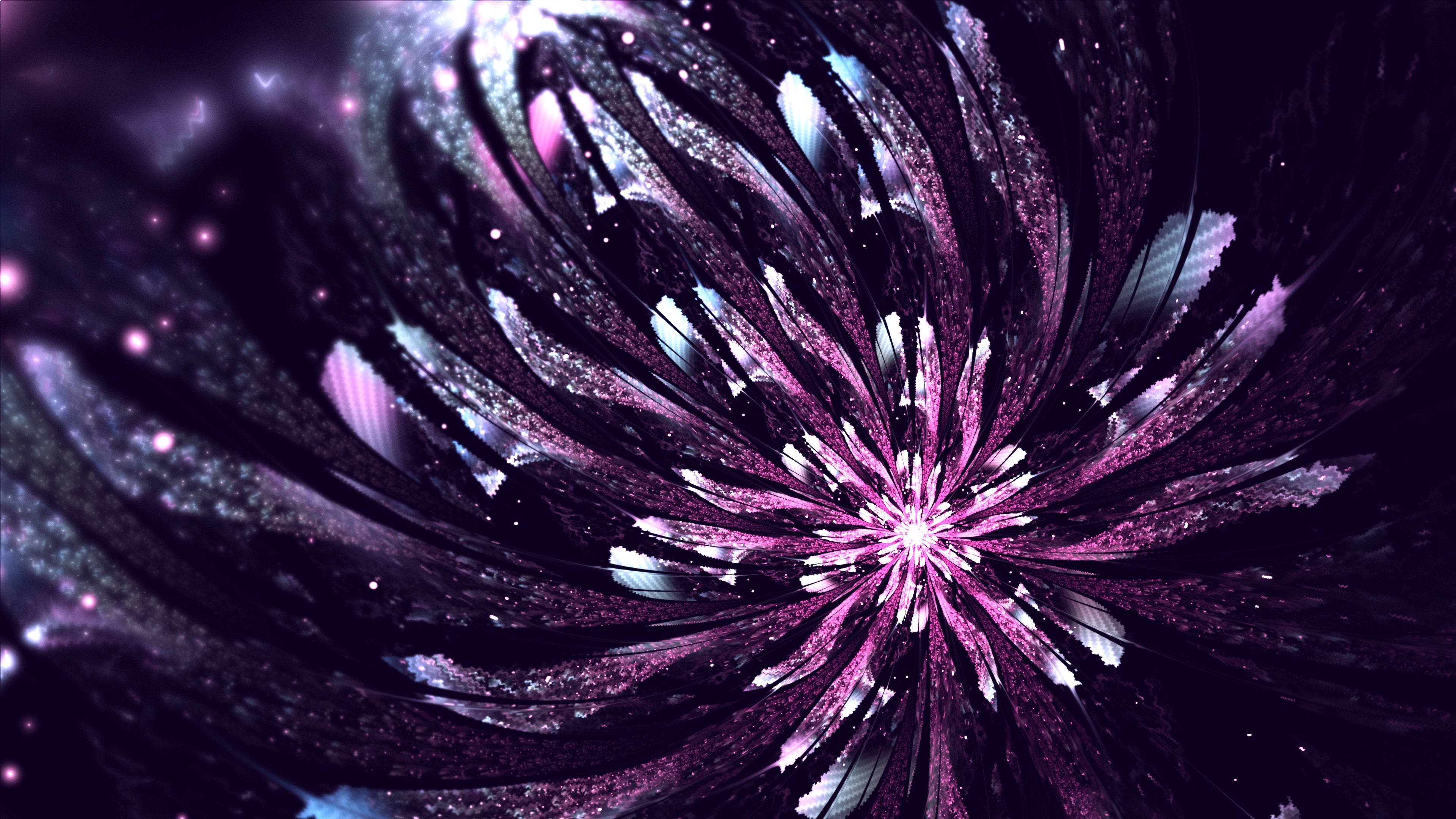抽象 桌布 壁紙 — 一朵宇宙碎形花朵在繁星點點的黑暗虛空中綻放，帶有耀眼的紫色和銀色花瓣。