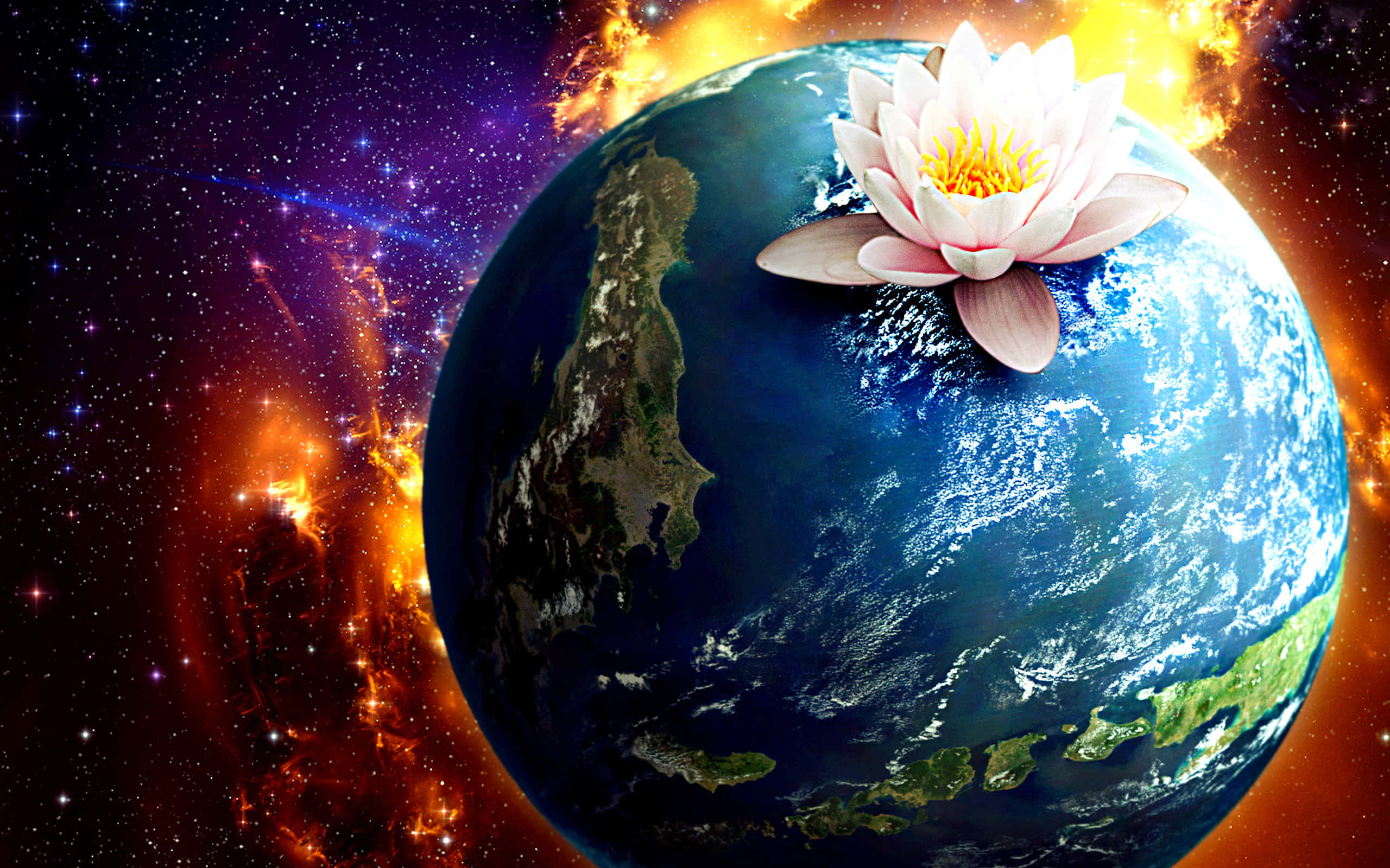 3d Earth 桌布 壁紙 — 一朵寧靜的白蓮花在藍色地球上盛開，背景是熾熱的宇宙星雲和星場。