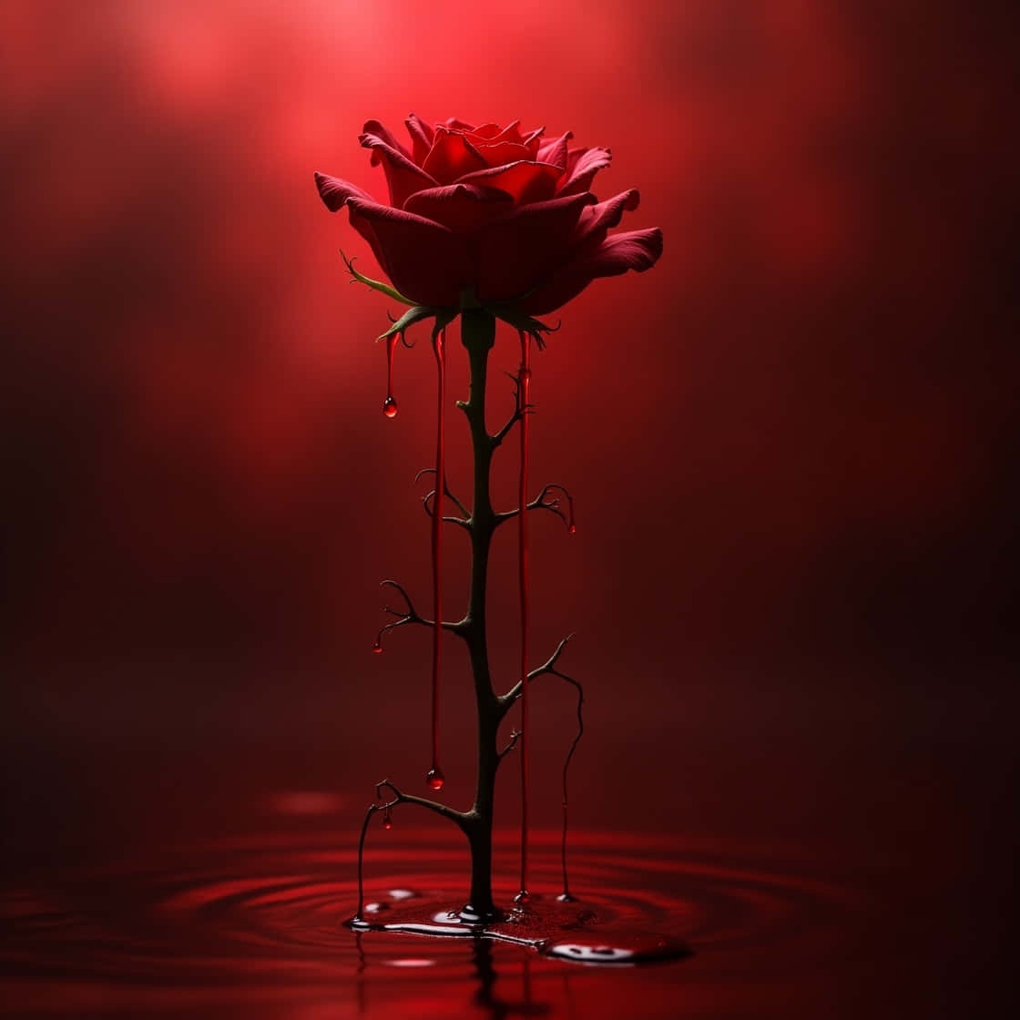 A bloody Rose 壁紙 — 一朵帶刺莖的紅玫瑰，將深紅色液體滴入反射池中，背景是深紅色。