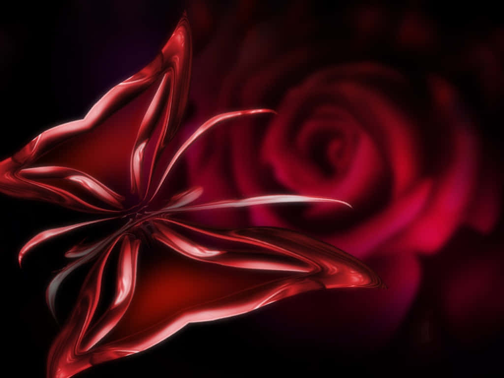 Roses 桌布 壁紙 — 一朵帶有流動花瓣的亮紅色抽象花朵漂浮在黑色背景上模糊的深紅色玫瑰前。
