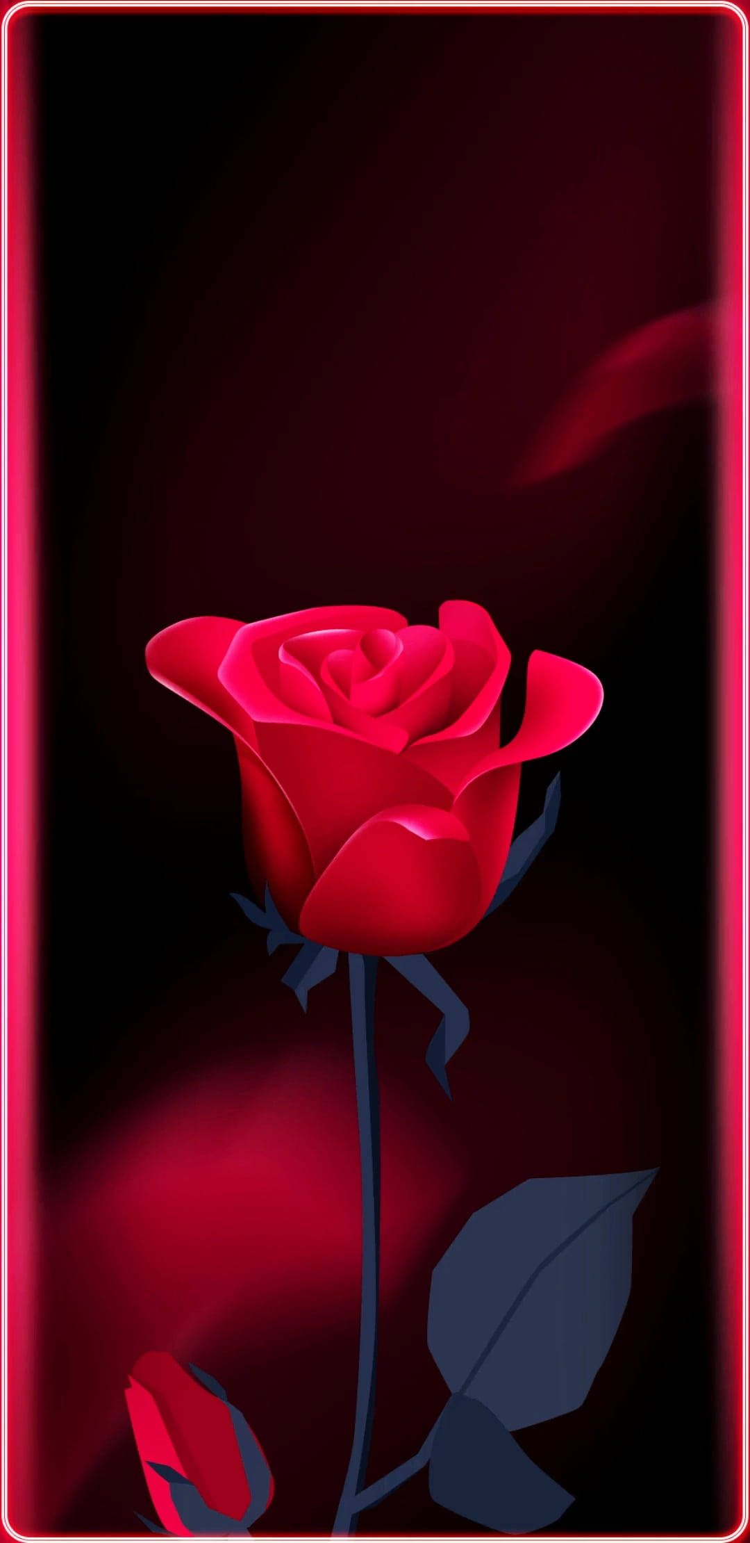 Rose Flower 桌布 壁紙 — 一朵帶有深色葉子的發光紅玫瑰，站在由霓虹紅邊框框住的深紅漸層背景前。