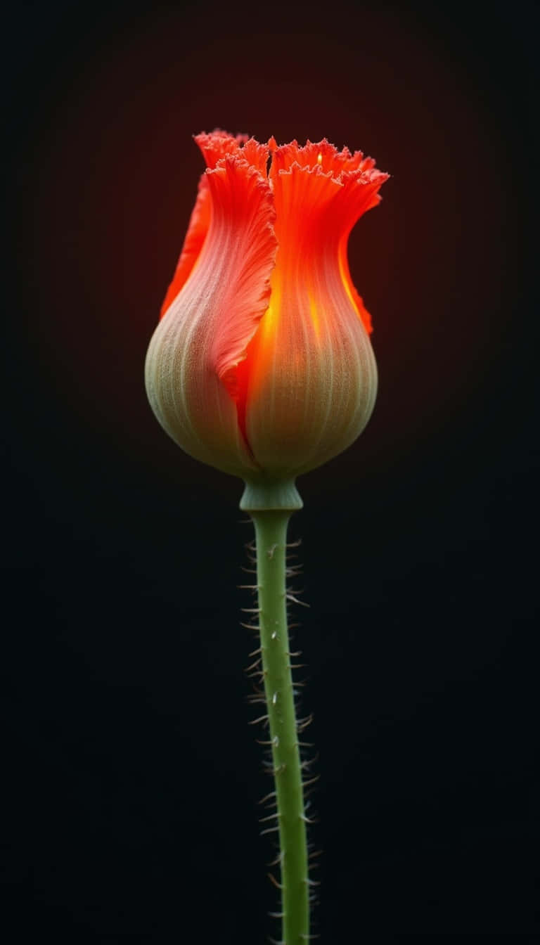 Flower 壁紙 — 一朵帶有火熱橙色花瓣和綠色莖的單一罌粟花蕾，立在深邃的黑色背景前。