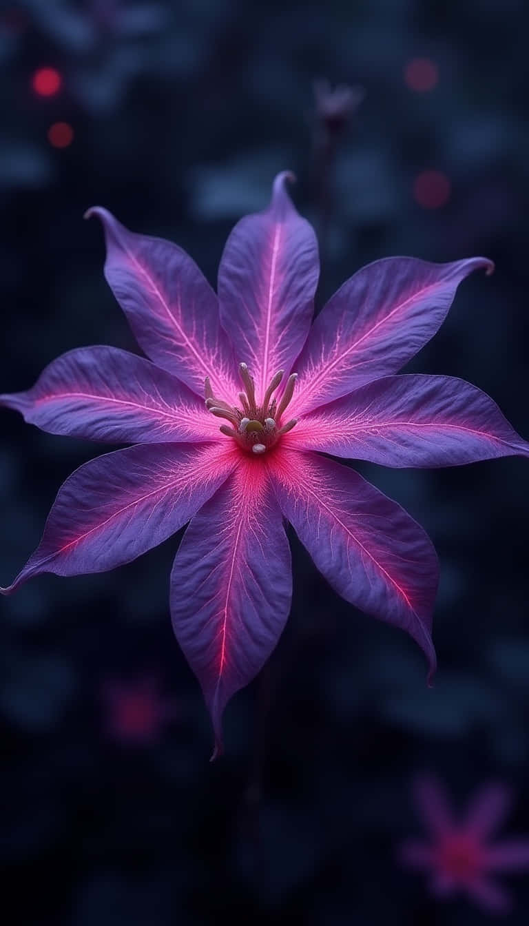 Flower 壁紙 — 一朵帶有發光粉紅色脈絡的鮮豔紫色花朵，在深藍色散景背景上跳動。